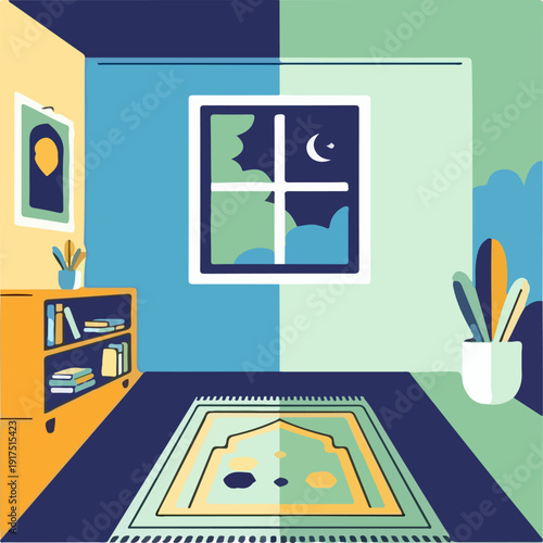 Ramadan Kareem vector illustration depicting a peaceful room interior with a prayer rug and a window showing both day and night scenes, symbolizing the fasting period.