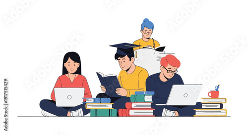 A group of students studying with books and laptops demonstrating learning and education on transparent background silhouette high quality professional detailed