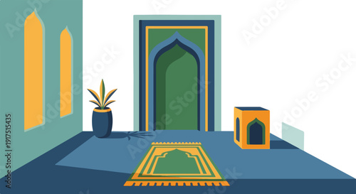 Islamic prayer room interior vector illustration with a green prayer mat and an ornate mihrab. The room features arched windows and a decorative plant in a blue pot, rendered in a flat