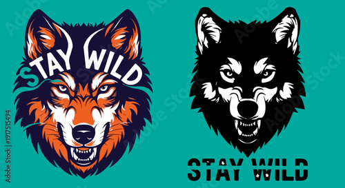 Stay Wild wolf head vector illustration in two styles. Detailed graphic of a snarling wolf with text overlay in orange and teal, and a black silhouette version, both on a teal background.