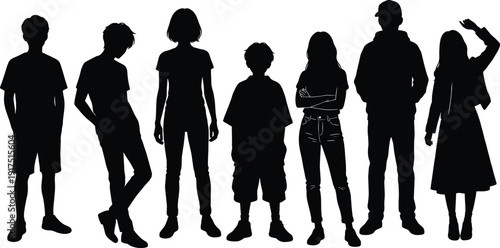 Group of teenagers silhouette standing together, diverse boys and girls full body vector illustration isolated on white background for youth concept