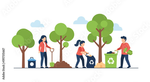 People planting trees and collecting trash in a park illustrating environmental care on transparent background silhouette high quality professional detailed modern