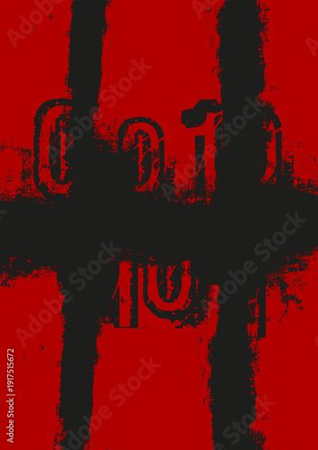 Abstract vector illustration with distressed paint textures and vintage typography elements creating bold monochrome grunge background.