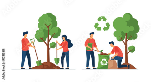 People planting trees and recycling promoting environmental sustainability with a flat design style on transparent background silhouette high quality professional detailed