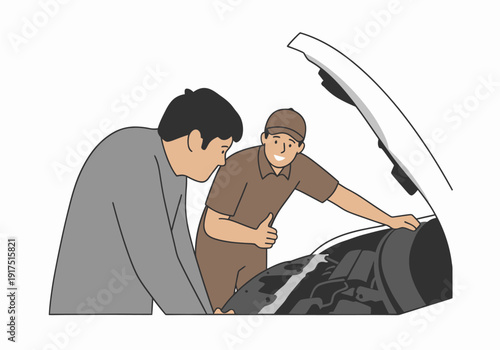 Two men, a mechanic and a customer, inspecting a car engine with the hood open, discussing vehicle maintenance or repair.
