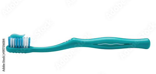 Teal toothbrush with blue and white bristles and toothpaste isolated on a transparent background