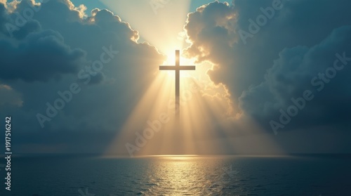 Sunlight breaking through storm clouds forming cross shape over calm sea, divine nature sign and heavenly glory