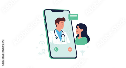 A colorful illustration depicting a video call between a doctor and a patient on a smartphone on transparent background silhouette