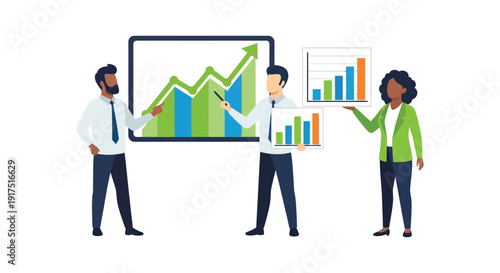 Business team presenting growth charts and data analysis ideal for reports and presentations on transparent background silhouette high quality professional detailed
