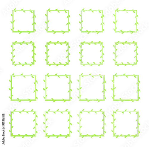 Green square frames with leaves and empty place for text isolated on a white background. Large collection of different edging, plant borders. Vector big set of framing for greeting card and invitation