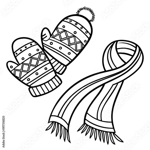 Coloring book page featuring a pair of beautifully patterned winter mittens paired with a cozy knitted scarf ready for cold weather activities
