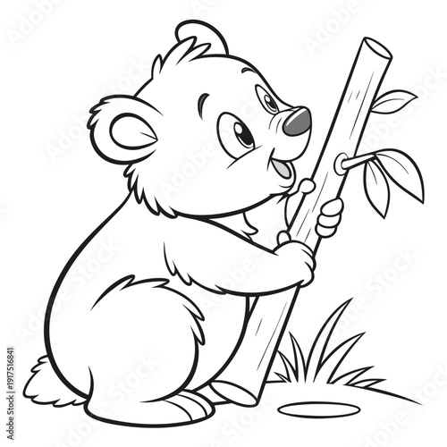 Cute cartoon baby bear cub clinging happily to a thick bamboo stalk drawing perfect for children's coloring books and nature themed educational activities.