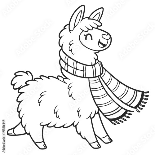 Adorable cartoon alpaca wearing a cozy striped winter scarf stands happily ready for coloring activities in this charming black and white outline drawing.