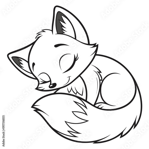 Adorable sleeping cartoon fox curled up tightly in a peaceful slumber suitable for coloring pages or children's book illustrations