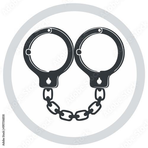 Silhouette illustration of metallic handcuffs with chain inside a white circle.