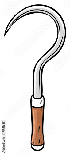 Simple drawn style sickle agricultural tool with metal blade and wooden grip illustration