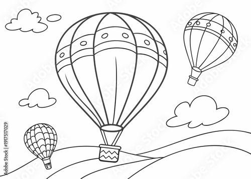 Coloring page featuring several detailed hot air balloons floating gently above rolling hills dotted with simple clouds against a white backdrop