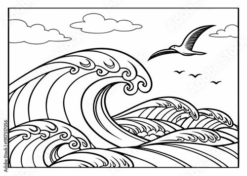 Black and white line art coloring page depicting a dramatic ocean scene with large crashing waves and a solitary bird flying overhead