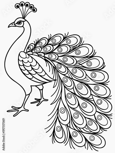 Elegant black and white line art illustration featuring a detailed peacock displaying its magnificent train of feathers ready for coloring activity.