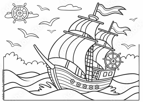 Coloring page featuring a large cartoon sailing ship with billowing sails navigating wavy ocean waters surrounded by flying seagulls and clouds