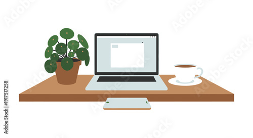 A minimalist workspace featuring a laptop plant coffee and phone ideal for digital design on transparent background silhouette high quality professional