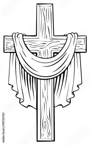 Christian cross with drape, symbolic of faith, hope, and sacrifice, in line art.
