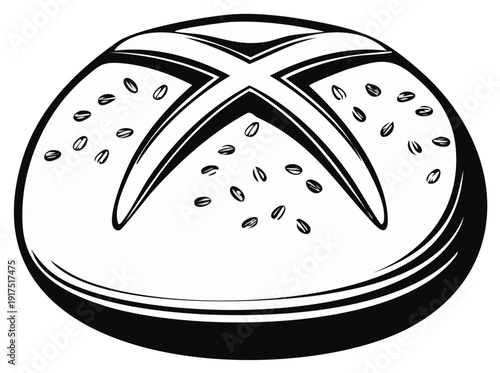 Freshly Baked Round Bread with a Crisscross Score and Seeds Isolated Vector Illustration