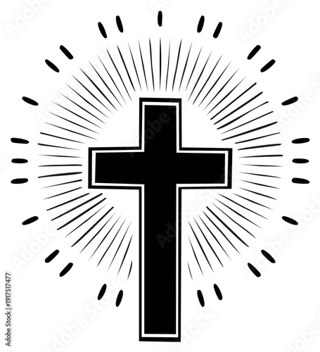 Radiant Christian Cross Symbol Black and White Religious Faith Icon