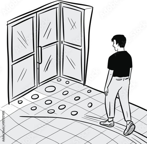 Man standing near broken glass door, black and white line art vector illustration depicting vandalism or accident scene indoors