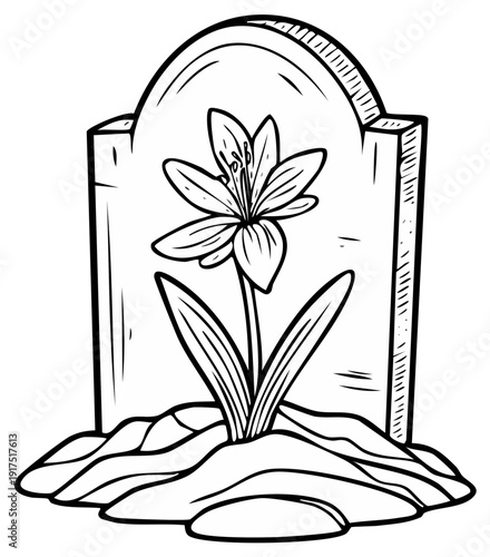 Tombstone with Flower Growing from Ground Line Drawing