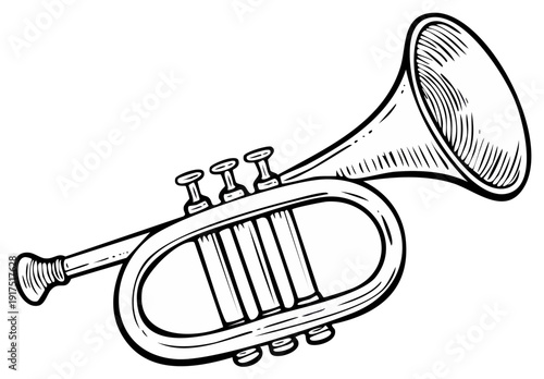 Illustration of a trumpet in engraved black and white