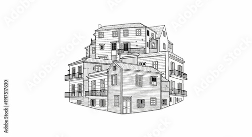 Detailed sketch of stacked, multi-story buildings with balconies and windows on a white background