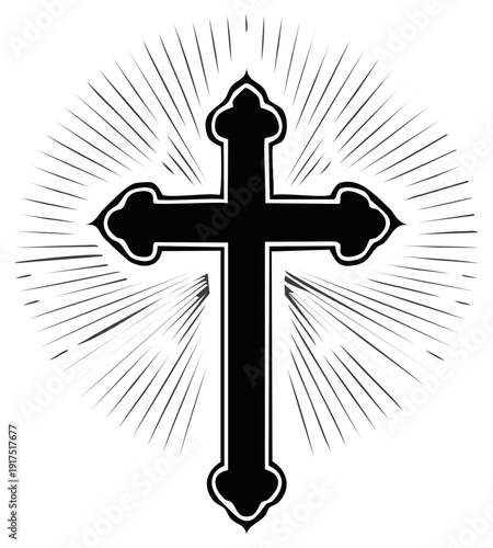 Black Christian Cross Silhouette with Radiating Light Rays