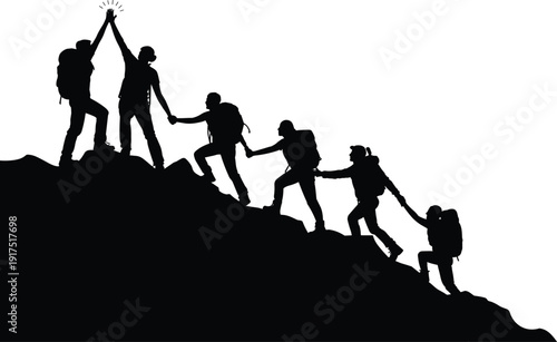 Mountain climbers silhouette team helping each other reach summit, hikers with backpacks celebrating success, adventure teamwork concept vector illustration isolated on white background