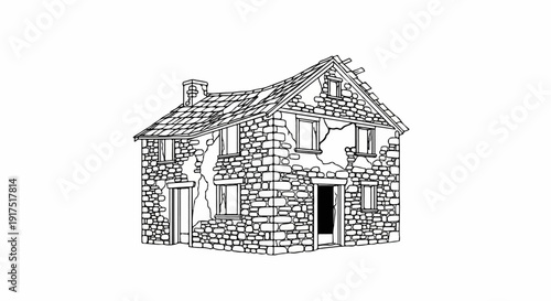 Dilapidated stone house with cracked walls and a damaged roof