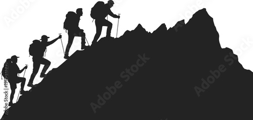 Mountain hikers climbing steep peak silhouette, trekking team with backpacks ascending rocky ridge, outdoor adventure and expedition concept vector illustration isolated on white background