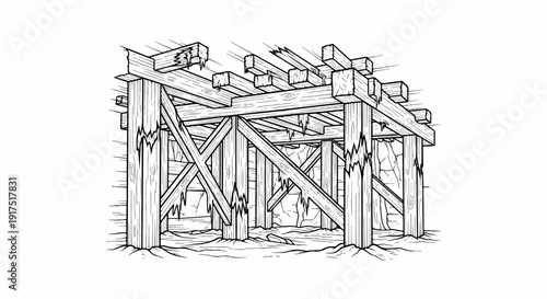 Dilapidated wooden structure with rough-hewn beams, cracked supports