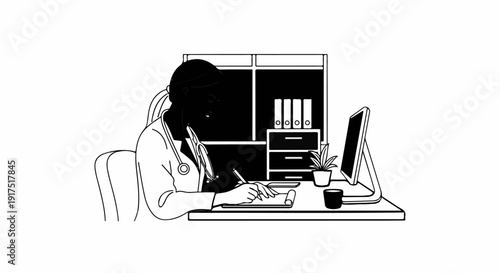 Doctor at desk with computer, files, plant, and cup