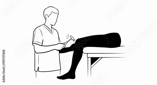 Doctor testing knee reflex with hammer on patient lying on exam table