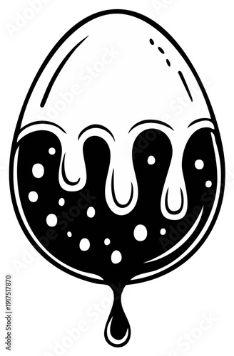 Black and white illustration of an Easter egg with dripping melted chocolate