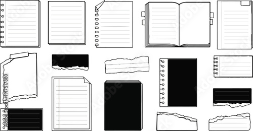 Diverse assortment of blank paper sheets, notebooks, and torn fragments