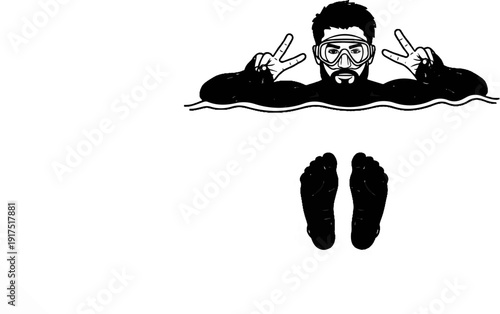 Diver emerging from water, giving peace signs, with feet visible below