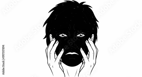 Distressed face with hands covering cheeks, eyes wide, tears falling