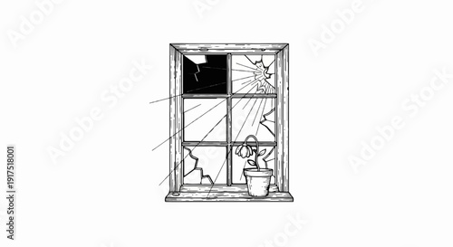 Drawing of a broken window pane with a potted flower visible