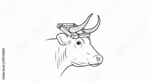 Drawing of a cow's head wearing a wooden yoke with horns