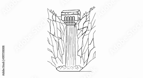 Dramatic waterfall cascades down rocky cliffs from a building at the top