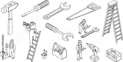 Diverse construction tools and workers in isometric illustration style