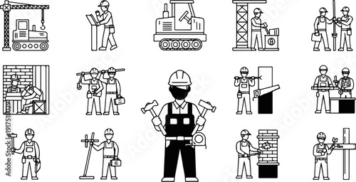 Diverse construction workers engaged in various manual labor tasks and operating machinery