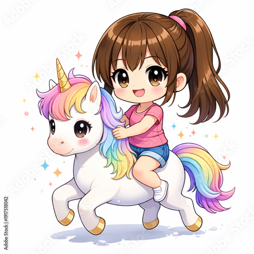 Young Girl Riding a Unicorn in Fantasy Scene