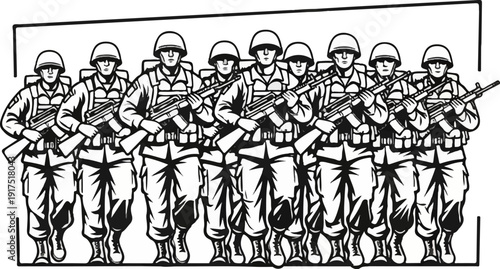 Drawing of nine soldiers in formation, holding rifles and wearing helmets